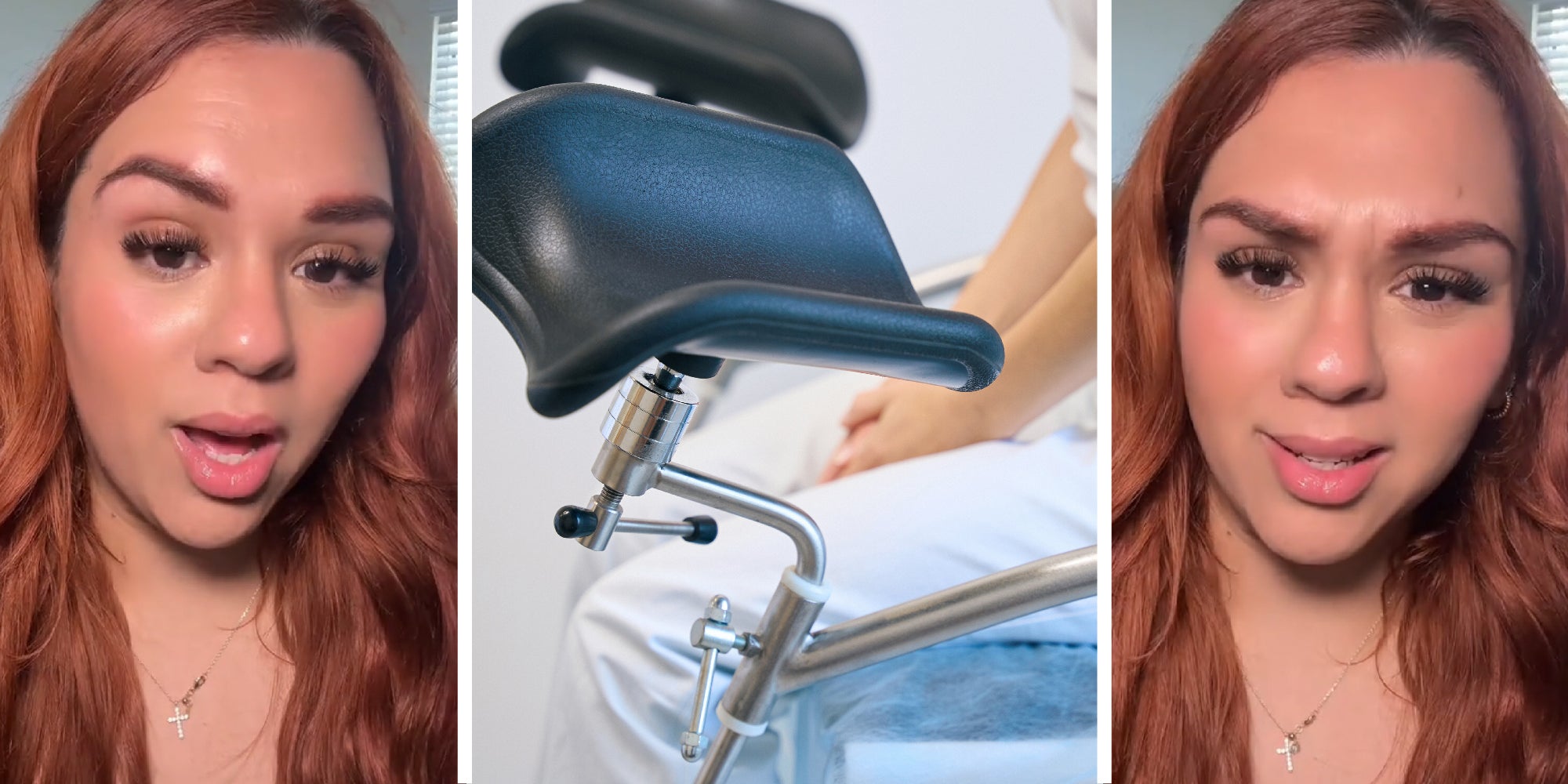 3 panel image: on the sides a person explains, and in the middle are stirrups common in a gynecologist's office.