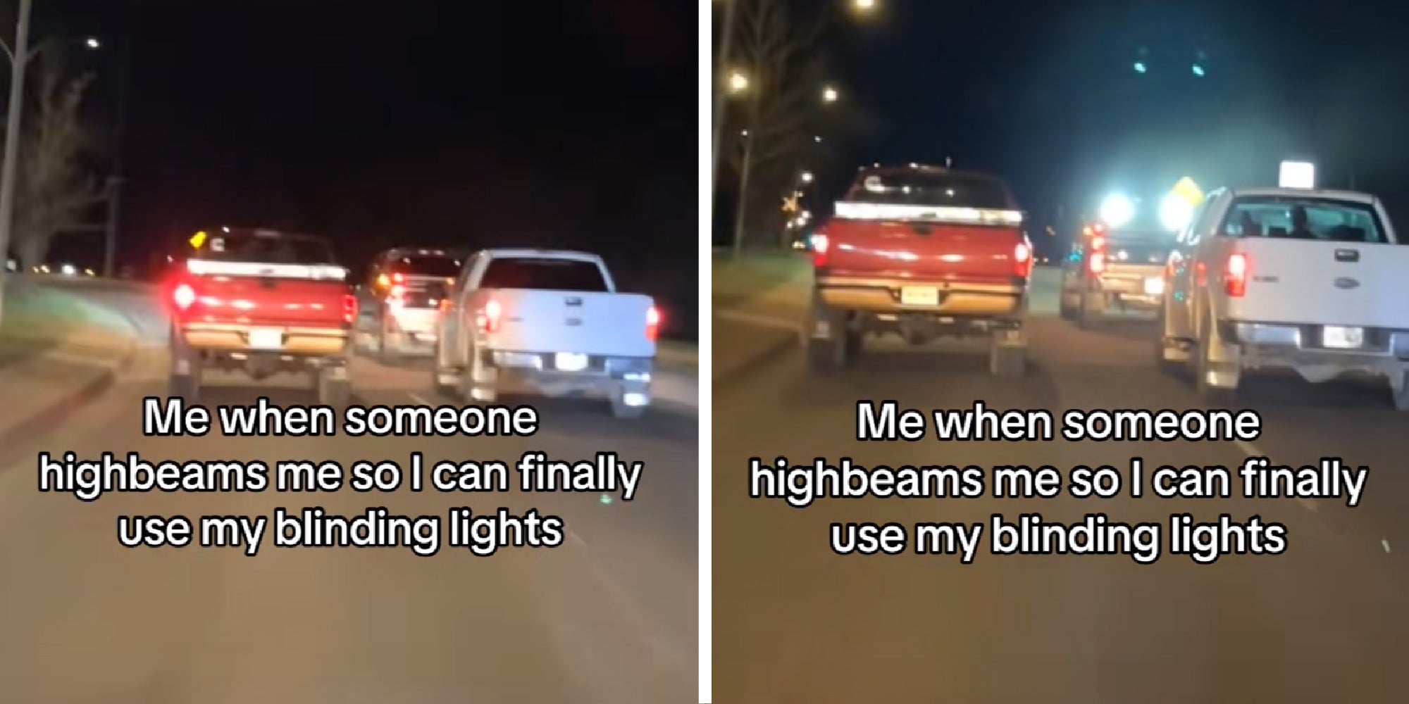 2 panel image of trucks driving on a road. In the second image - bright beams shine from the back of the front car.
