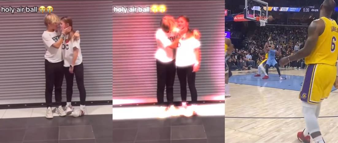 Three frames showing a guy trying to kiss a woman and her pulling away followed by a shot of a basketball playing missing the basket.