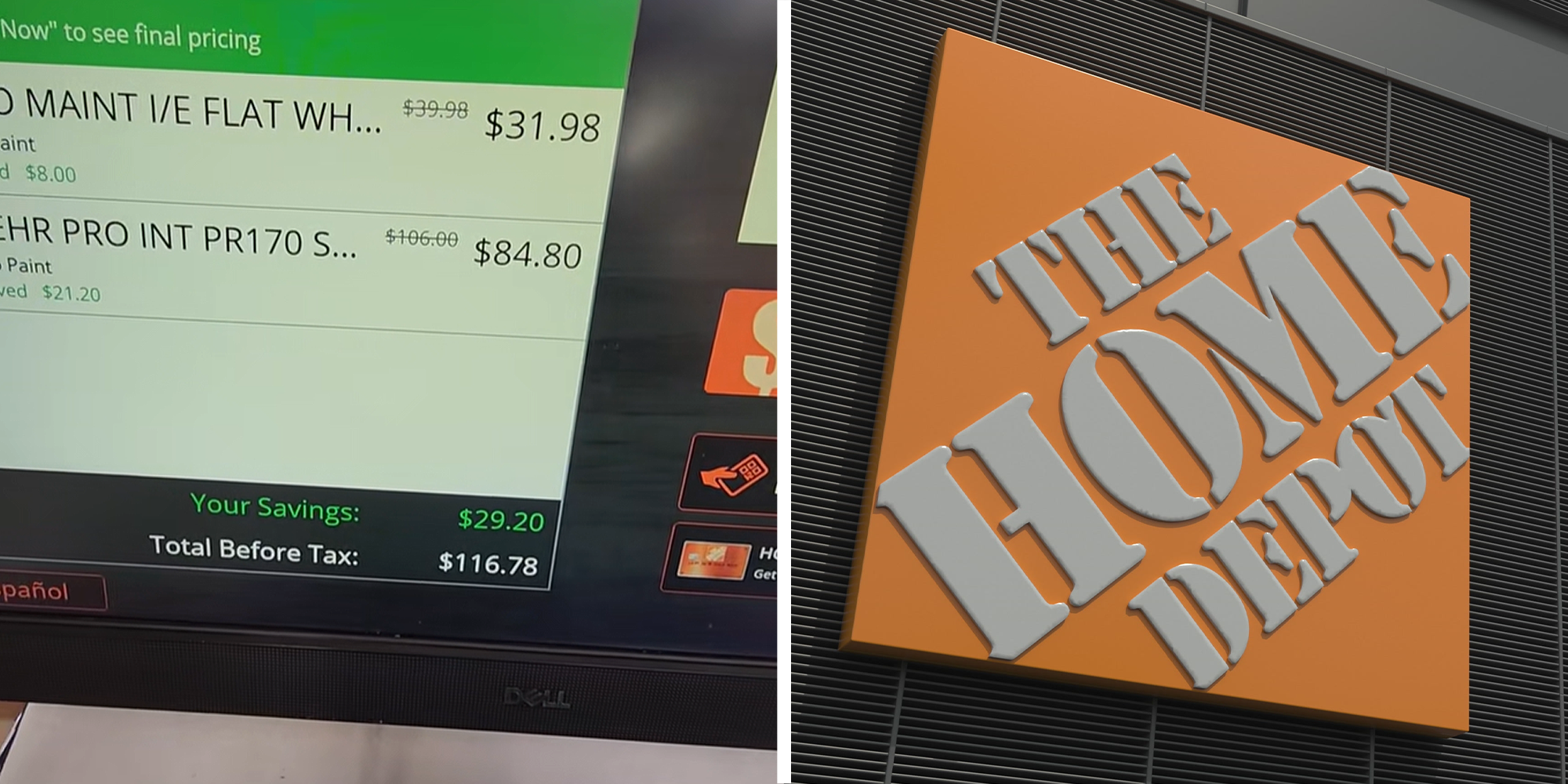 2 panel image. Discount on Home Depot self-checkout machine on left. Home Depot on right.