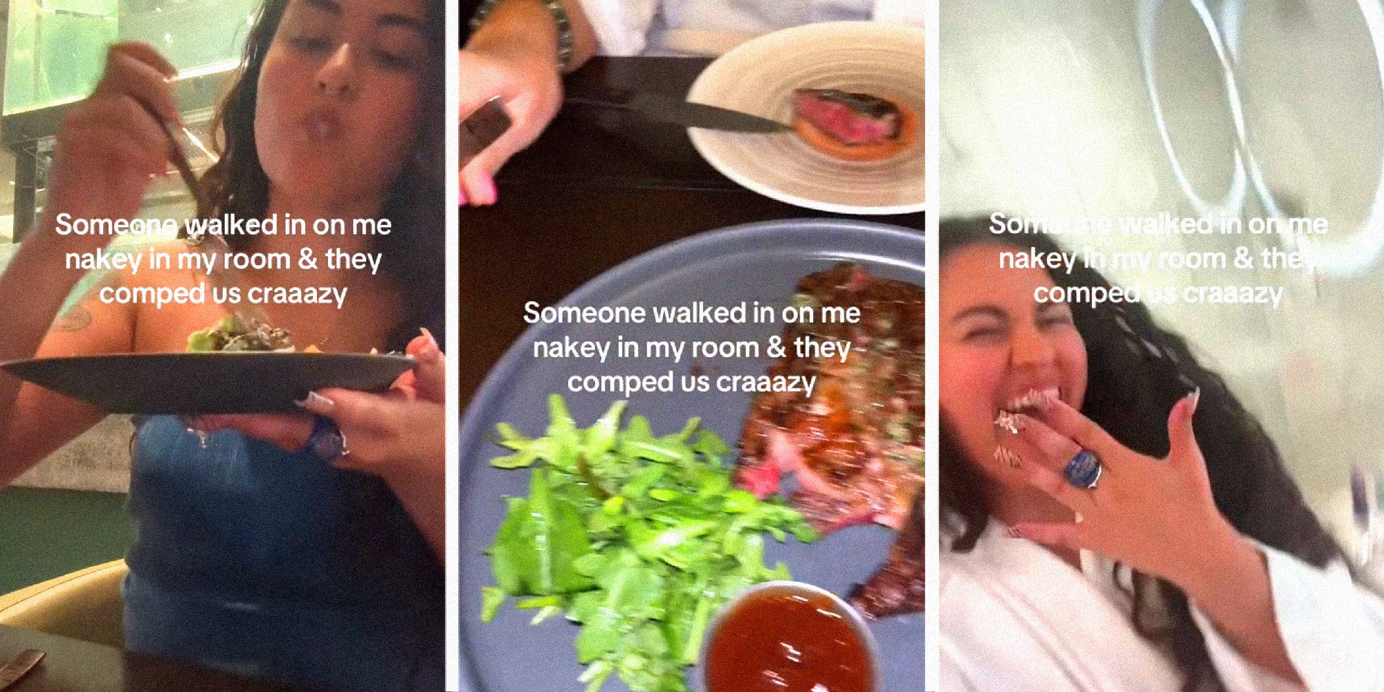 3 panel image from a TikTok user's post showing her enjoying lots of comped benefits from a hotel.