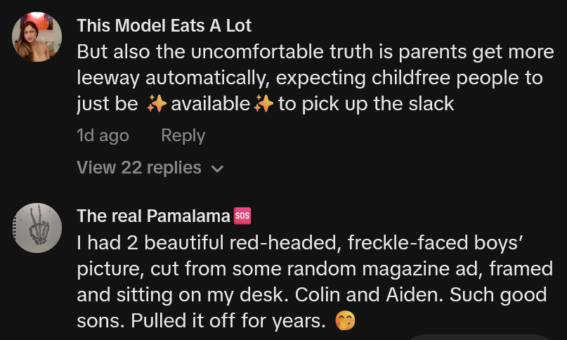 TikTok comments including one reading 'But also the uncomfortable truth is parents get more leeway automatically, expecting childfree people to just be 'available' to pick up the slack'