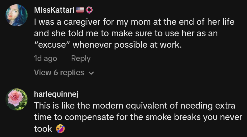 TikTok comments including one reading 'I was a caregiver for my mom at the end of her life and she told me to make sure to use her as an 'excuse' whenever possible at work'