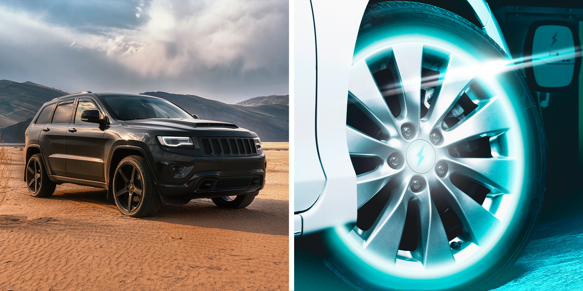 2 panel image. Jeep Cherokee on left. Electric car wheel on right.