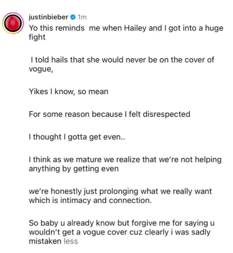 Justin Bieber edits controversial caption about Hailey's "Vogue" cover