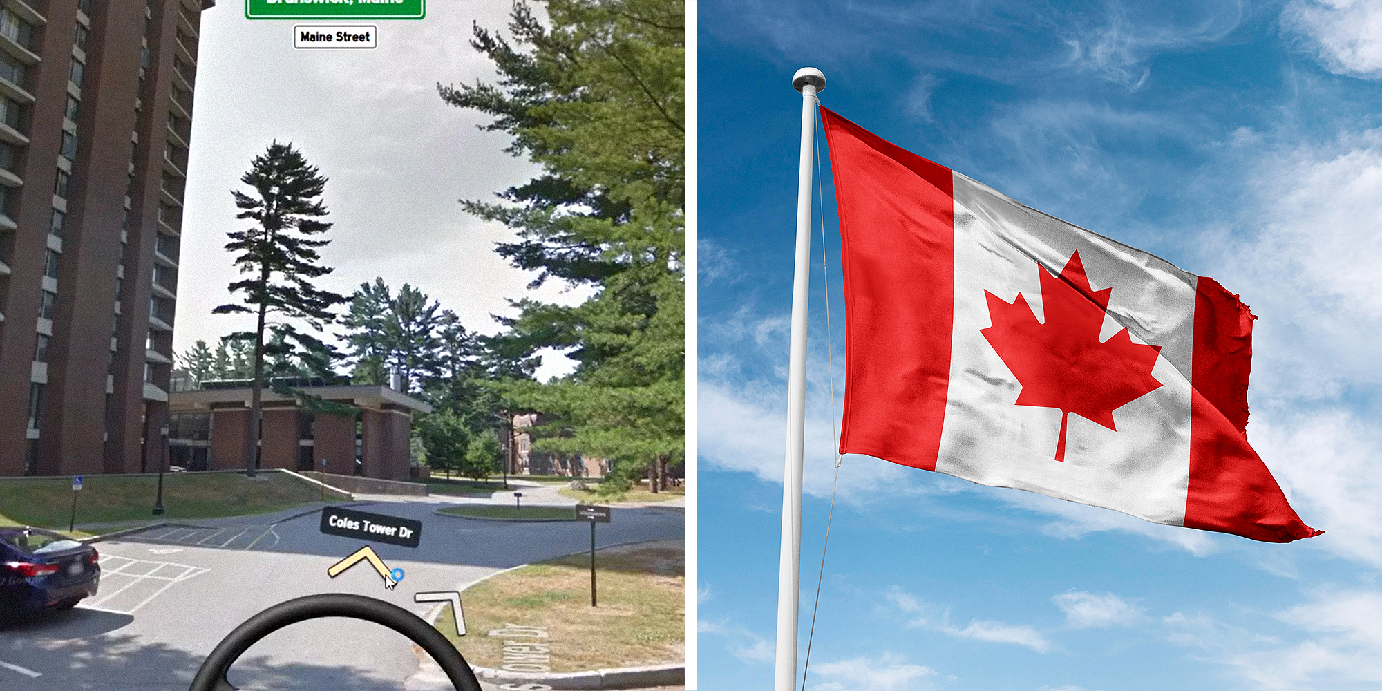 2 panel image. Virtual car being driven online on left. Canadian flag on right.