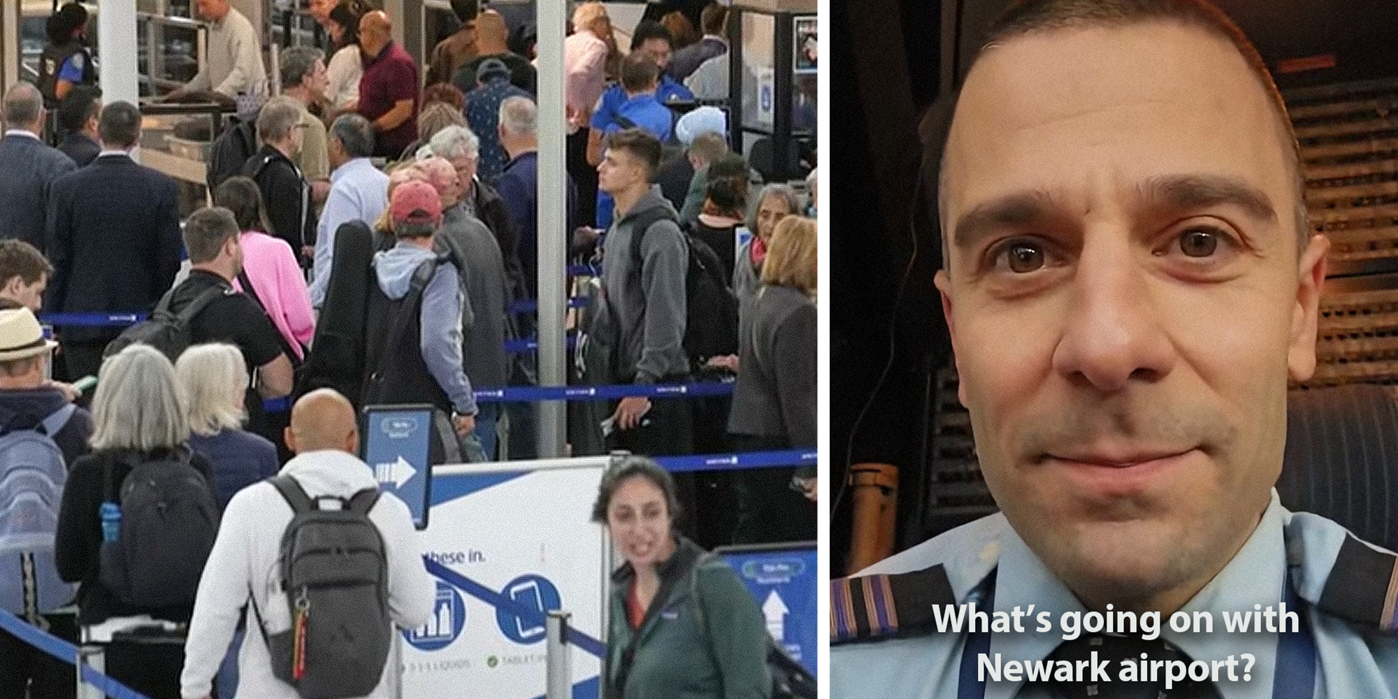 2 panel image. Packed airport on left. Pilot with caption that reads: "What's going on with Newark airport?" on right.