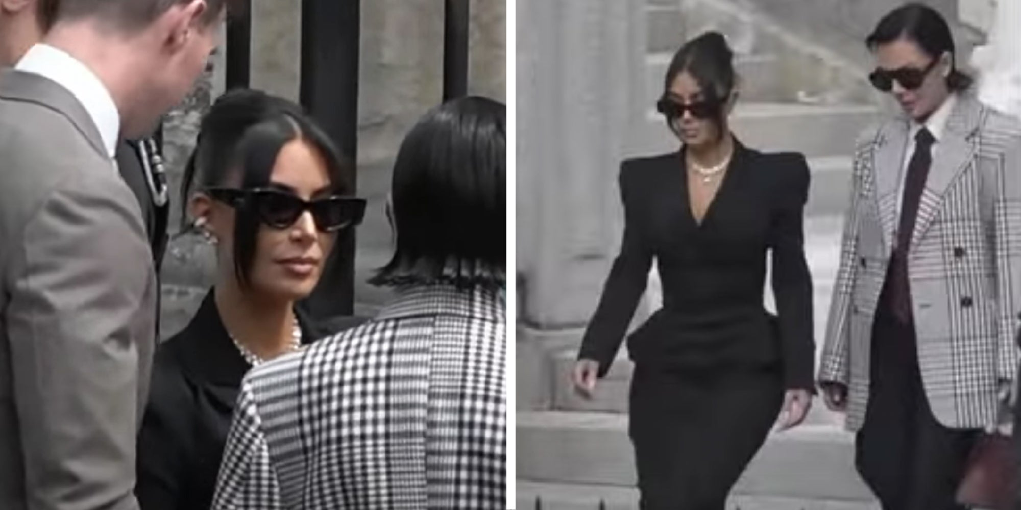 2 panel image showing Kim Kardashian arriving and leaving from her court appearance in Paris, May 14, 2025.