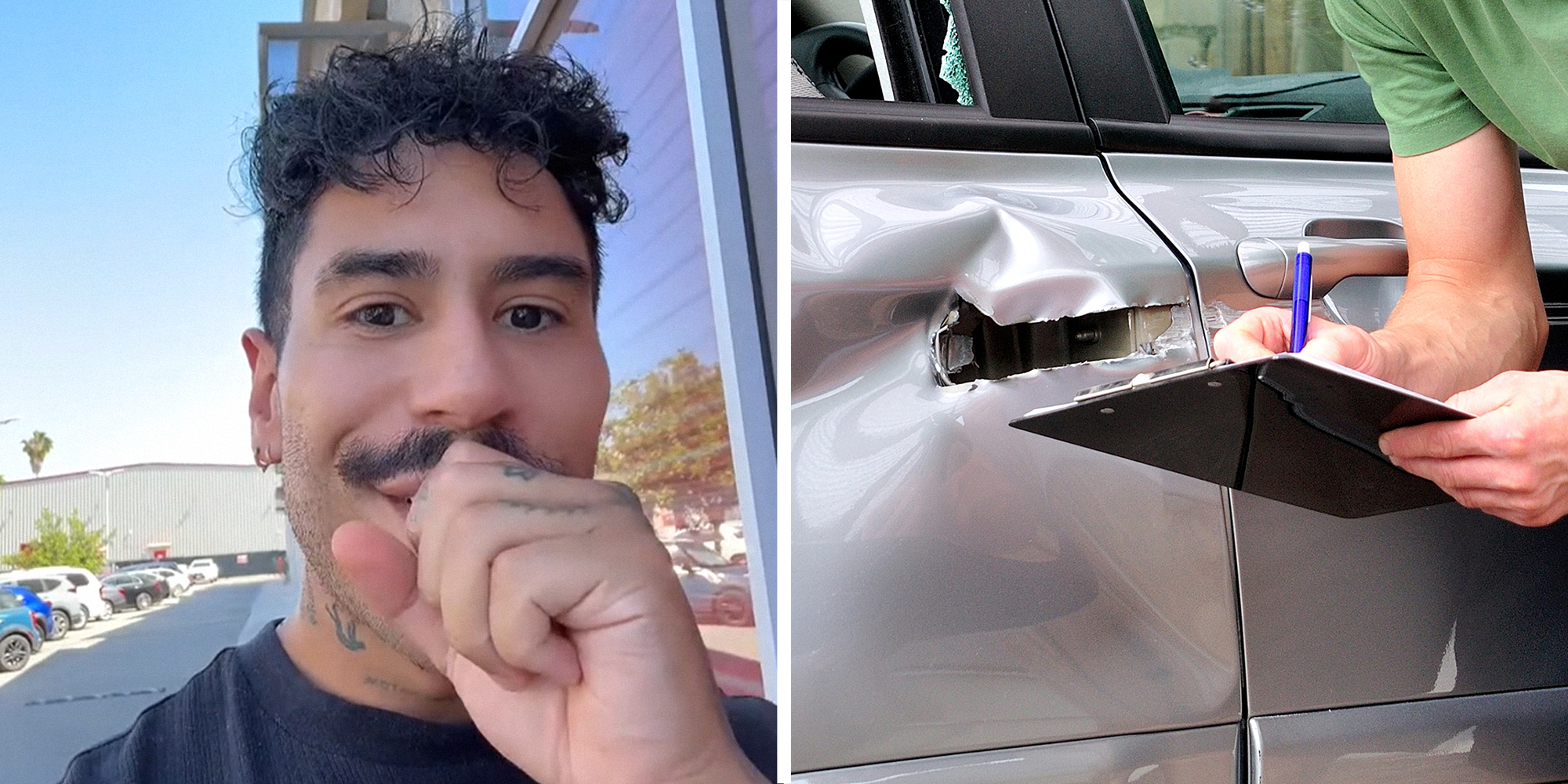 2 panel image. Man holding hand to mouth, appalled, on left. Someone inspecting car damages and holding clip board on right.