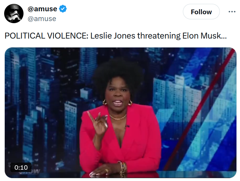 Tweet Reading 'Violência política: Leslie Jones ameaçando Elon Musk…' com um vídeo de Leslie Jones no Daily Show.