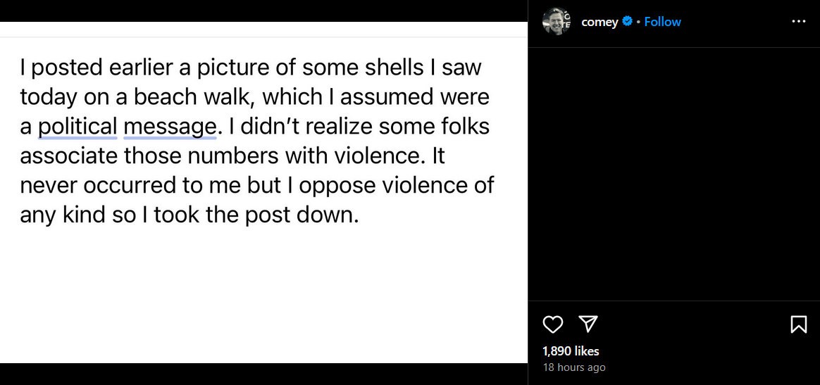 James Comey Instagram Post abordando sua foto de '86 47 '.