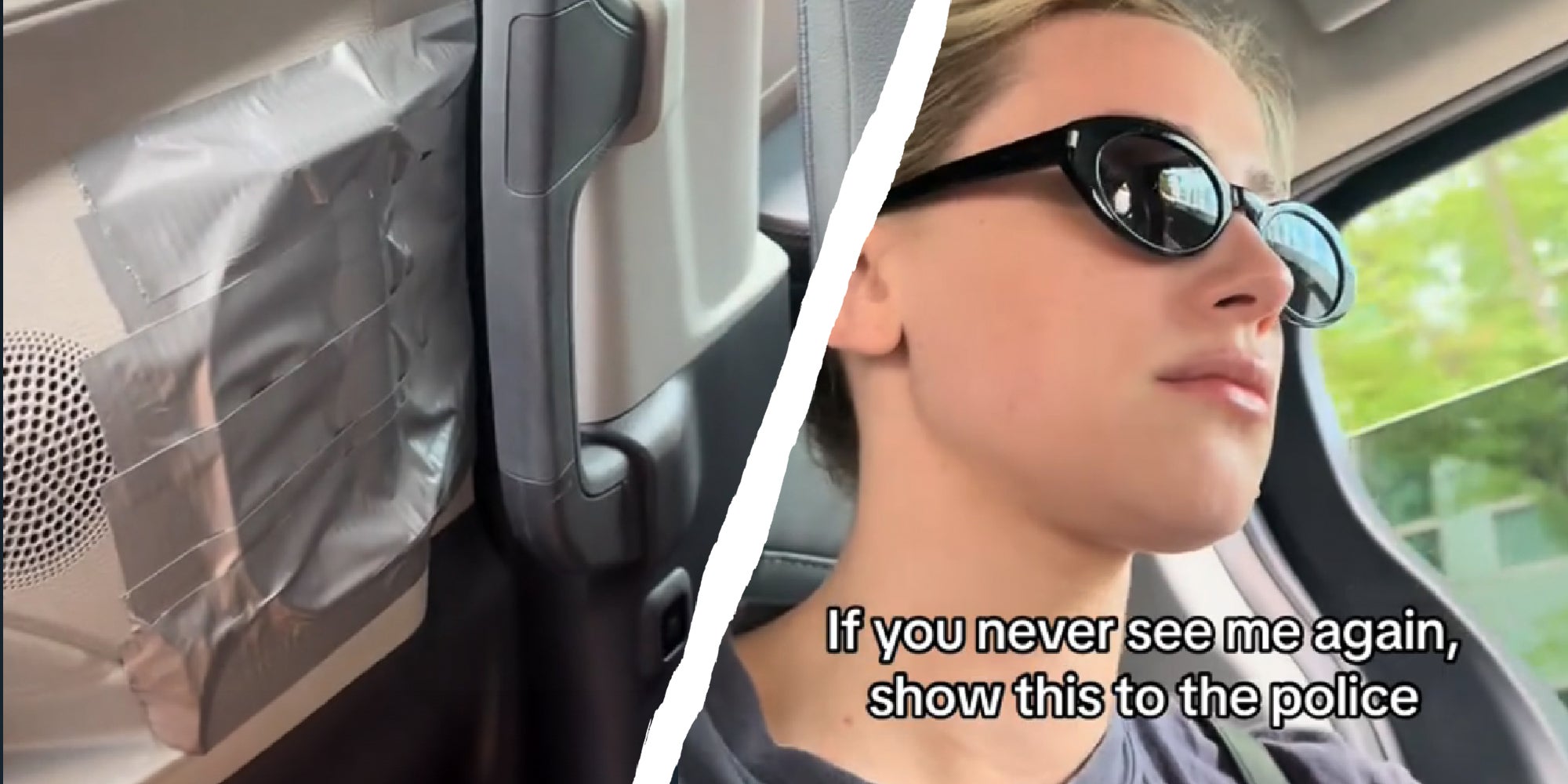 2 panel image: on the left is an interior car door handle covered in duct tape. On the right is Lili Reinhart riding in the car. Text over: If you never see me again, show this to the police.