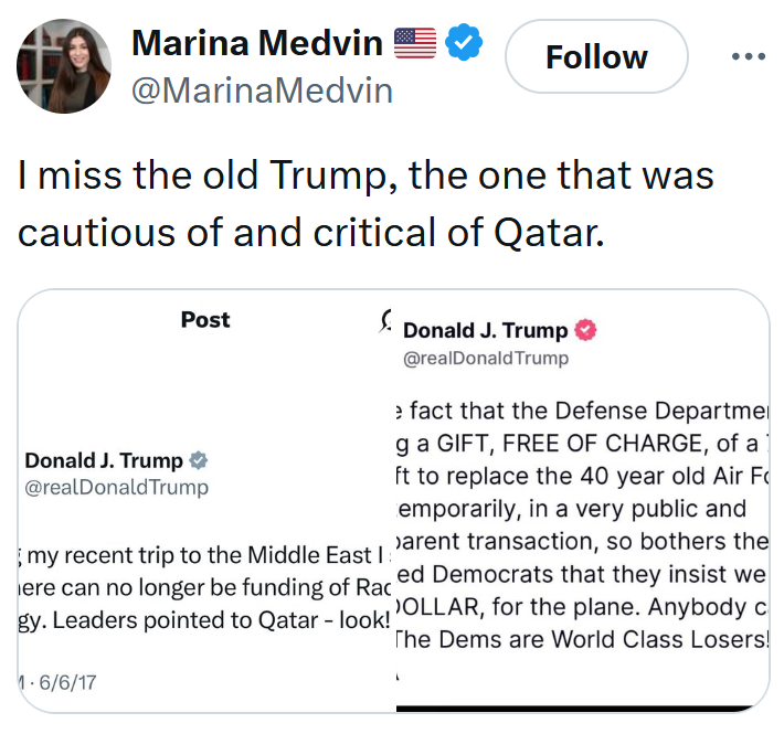 Tweet reading 'I miss the old Trump, the one that was cautious of and critical of Qatar.'