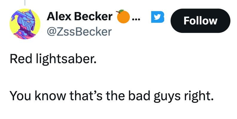 Tweet that reads, "Red lightsaber. You know that’s the bad guys right."
