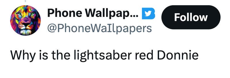 Tweet that reads, "Why is the lightsaber red Donnie"