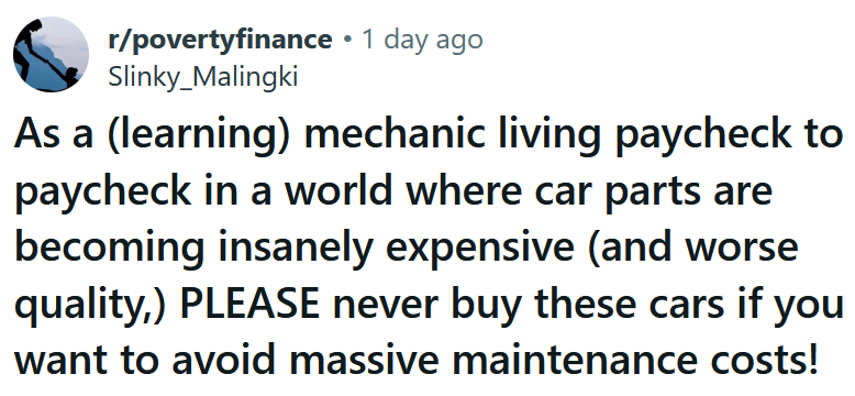 Reddit headline reading 'As a (learning) mechanic living paycheck to paycheck in a world where car parts are becoming insanely expensive (and worse quality,) PLEASE never buy these cars if you want to avoid massive maintenance costs!'