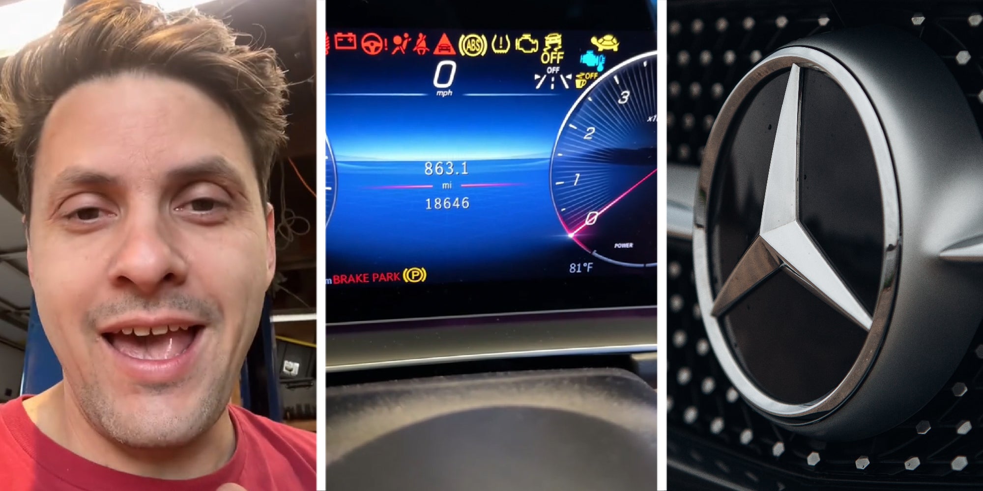 3 panel image of a mechanic explaining, the dashboard of a Mercedes vehicle, and the exterior logo of a Mercedes vehicle.
