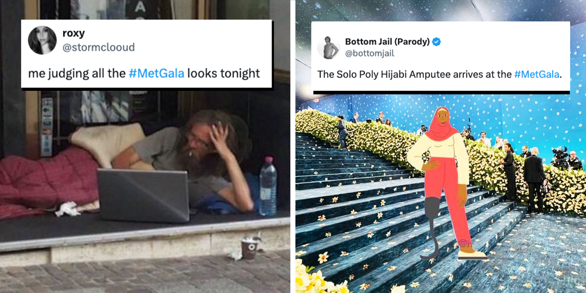 2 Panel memes, Homeless man on the ground looking at computer and a Cartoon girl in front of the stairs