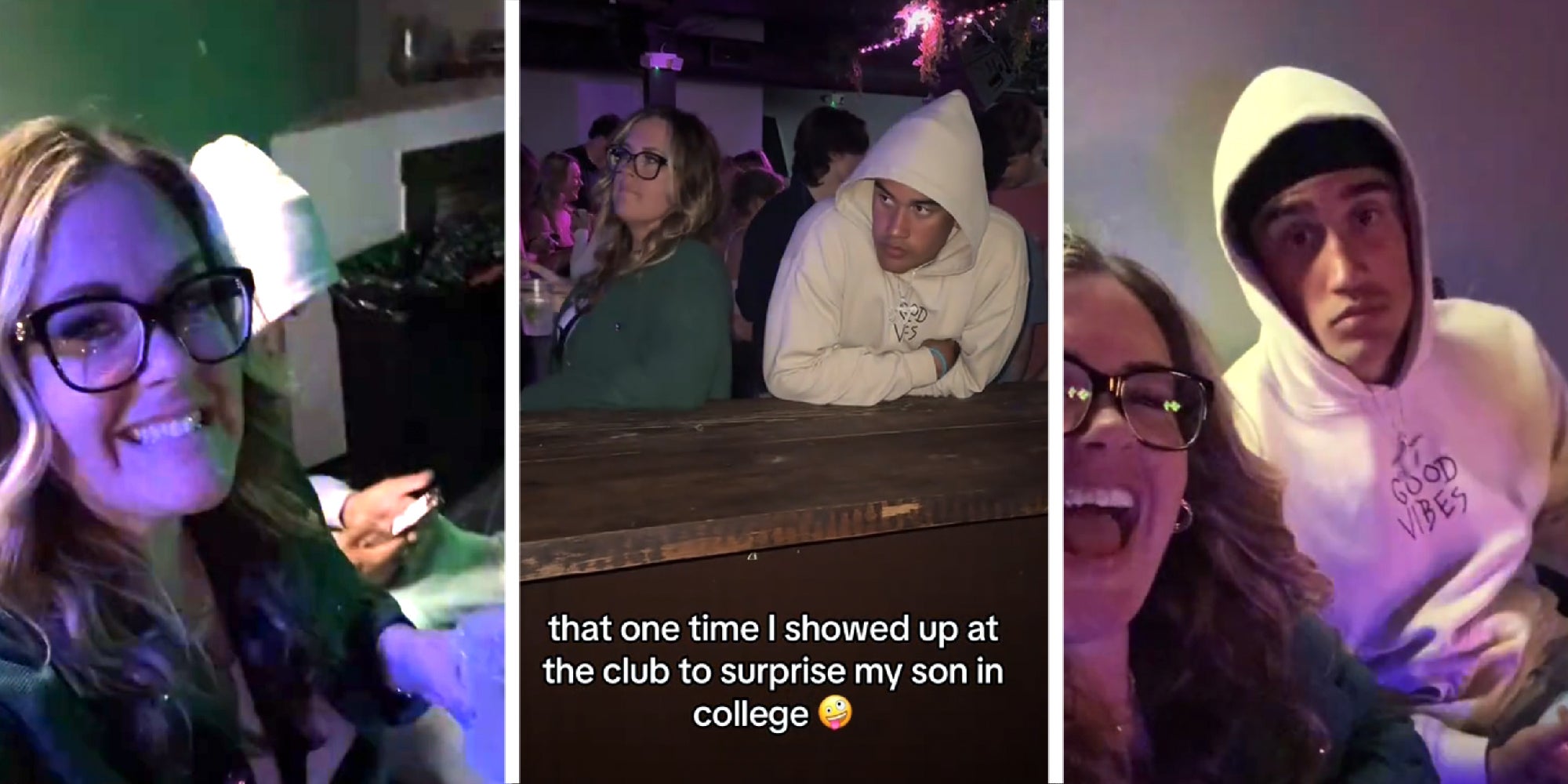 3 panel image showing the cringe-y experience of a mom who surprised her son at his college bar spot.