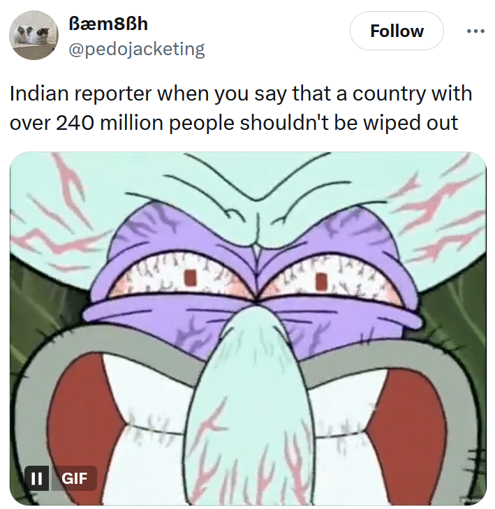 Tweet reading 'Indian reporter when you say that a country with over 240 million people shouldn't be wiped out' with a Squidward gif.