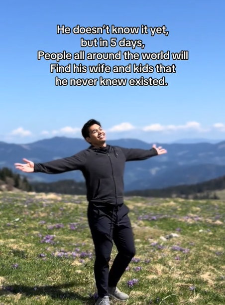 Video of Dr. Samuel twirling in a field with a caption reading 'He doesn’t know it yet, but in 5 days, People all around the world will Find his wife and kids that he never knew existed.'