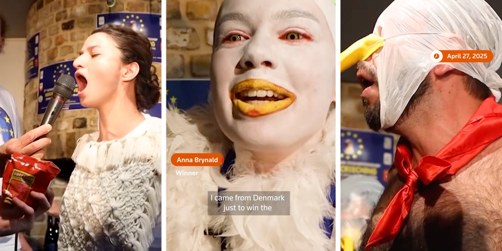 Three panel image with people impersonating seagull sounds in each panel.