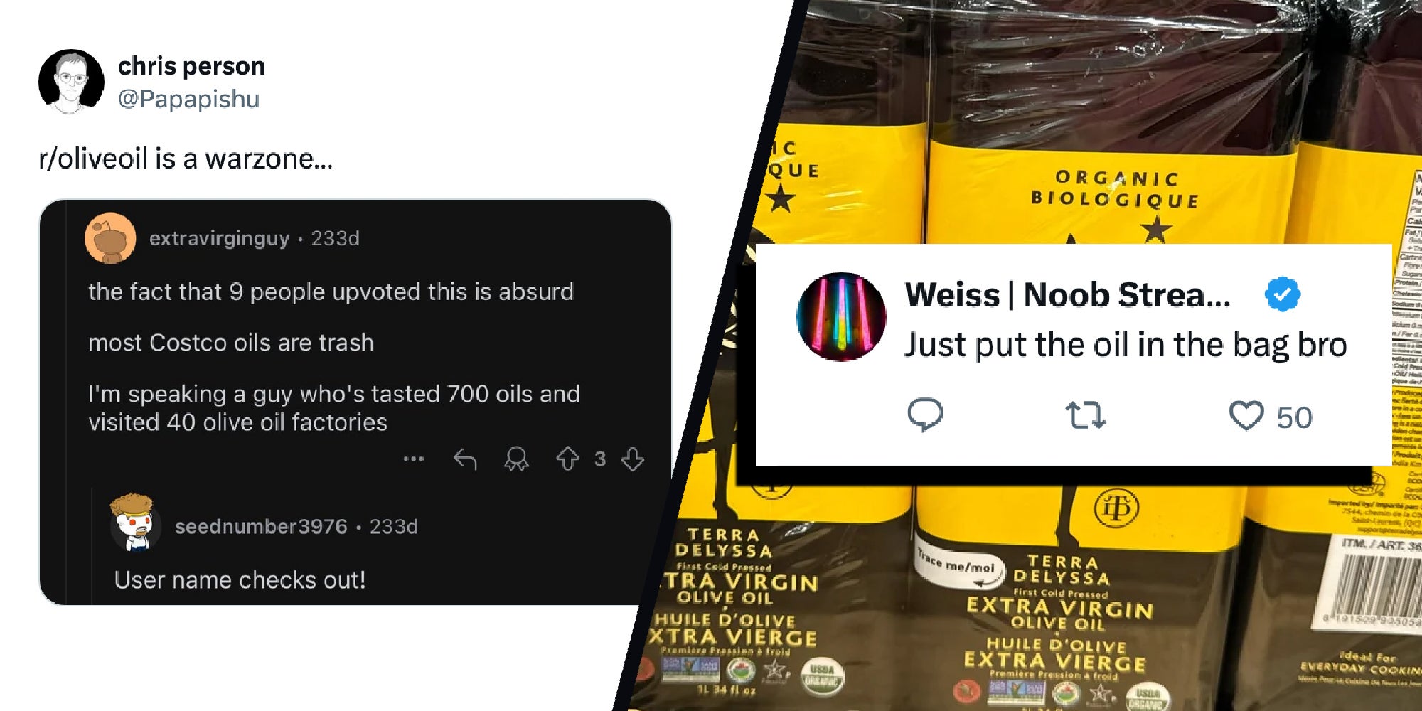 Images from social media of people discussing Costco Olive Oil.