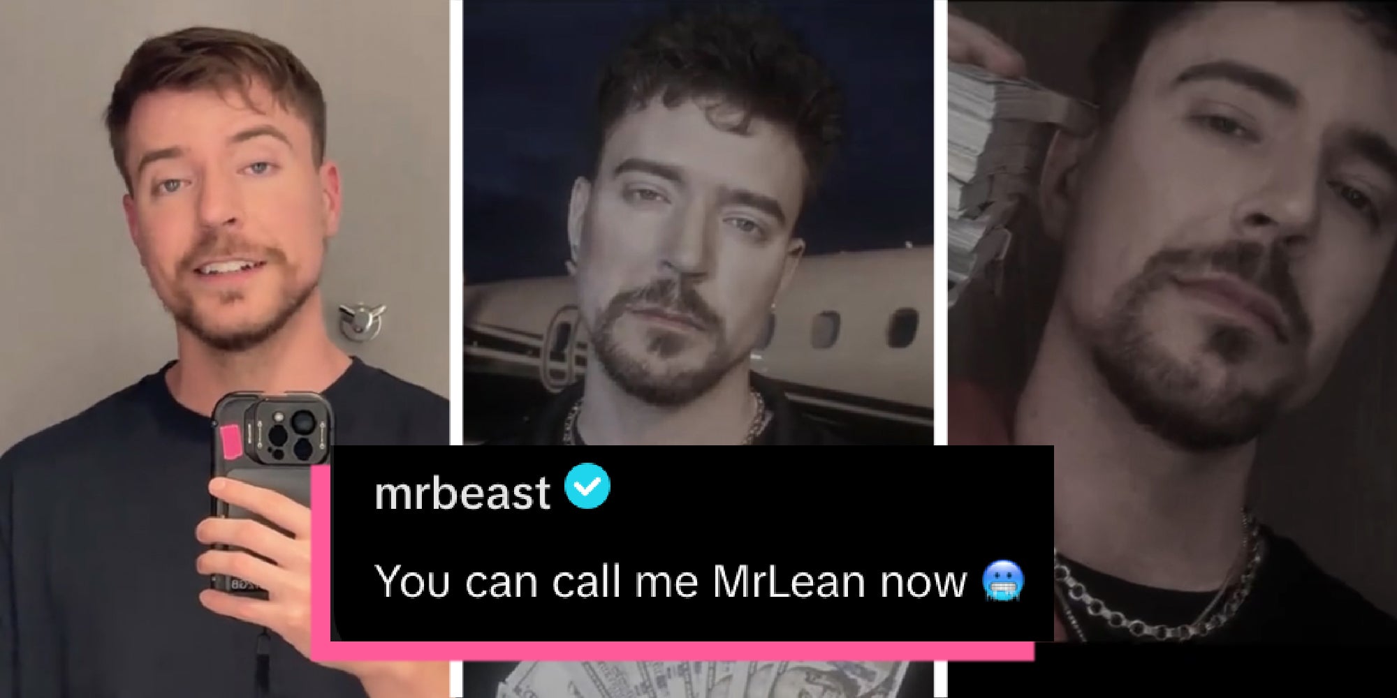 Images from a TikTok video posted by well known online influencer MrBeast recreating a the Hood MrBeast trend. Text over reads: You can call me MrLean now.