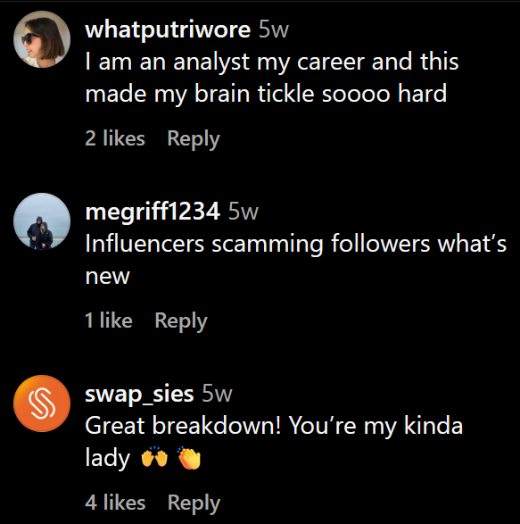 Instagram comments including one reading 'Influencers scamming followers what's new'