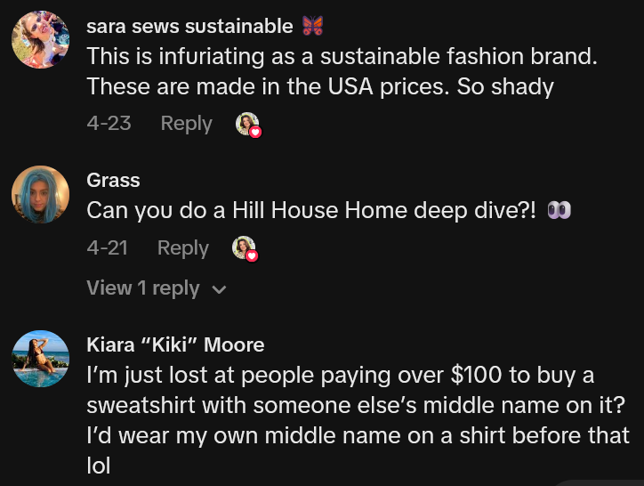 TikTok comments including one reading 'This is infuriating as a sustainable fashion brand. These are made in the USA prices. So shady'