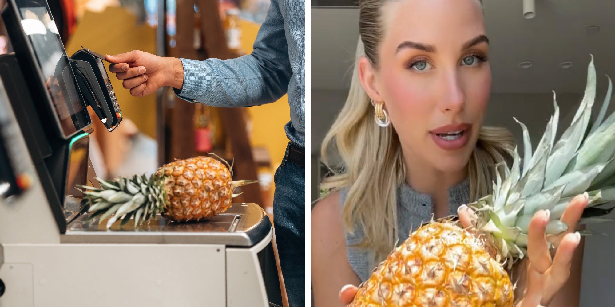 2 panel image of a person buying a pineapple at a typical super market and a TikTok user holding a pineapple and explaining.