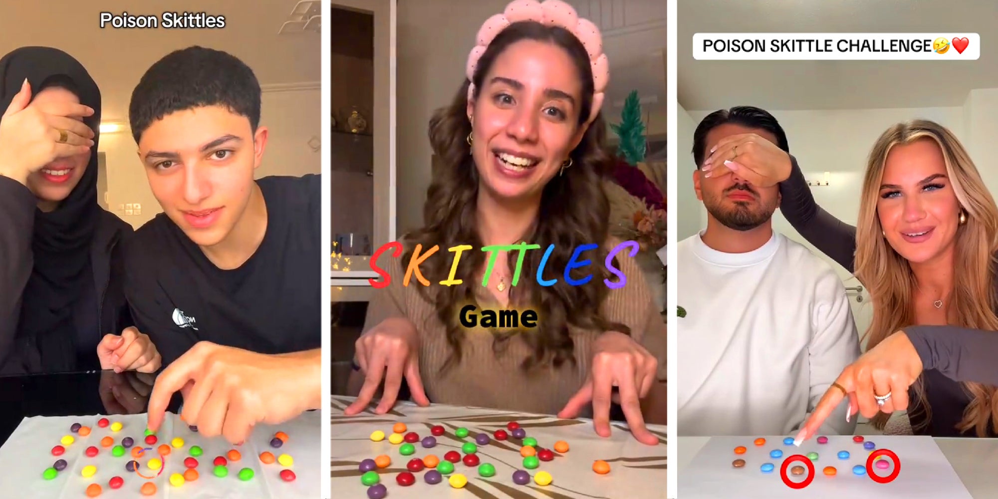 3 panel image of TikTok users playing the Poison Skittles Challenge.