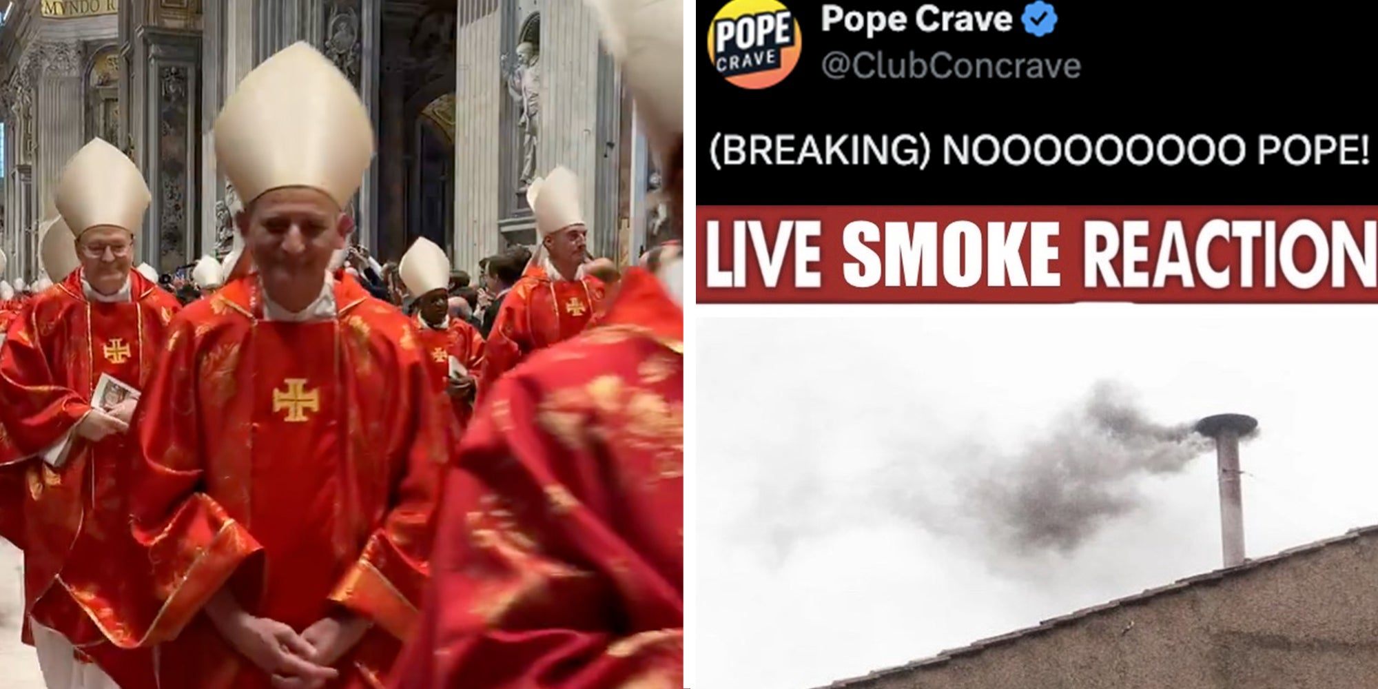 Left side: Catholic cardinals walking Right side: Vatican chimney emitting black smoke below a header reading "Live smoke reaction"