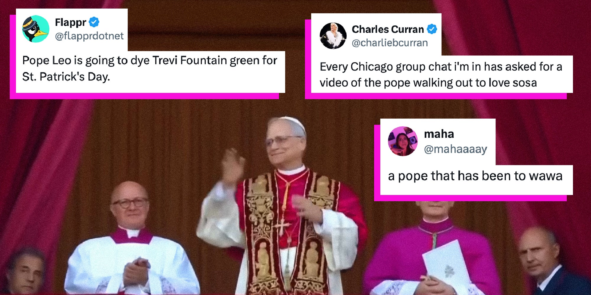 The new pope Leo stands on the Vatican balcony and greets the crowd. Tweets about his coronation are overlaid.