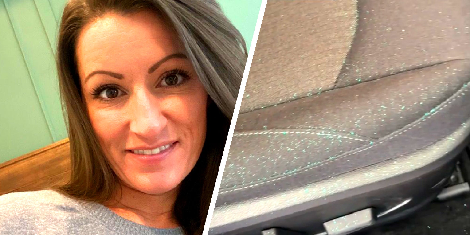 2 panel image of a person explaining and a shiny substance on a car seat.