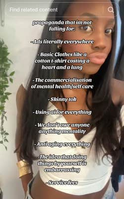 Propaganda I'm not falling for TikTok video with a woman in a white top.