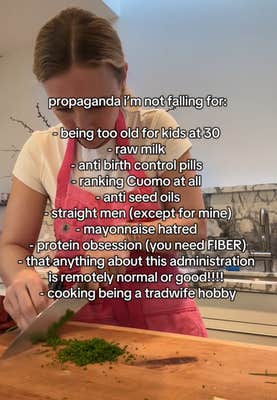 TikTok video with a woman chopping herbs.