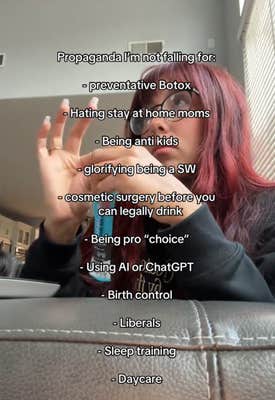 Propaganda I'm not falling for TikTok video with a woman sitting on a couch.