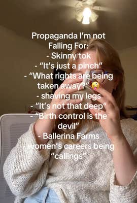 Propaganda I'm not falling for TikTok video with a woman sipping from a mug.