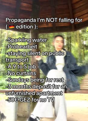 Propaganda I'm not falling for TikTok video with a woman sitting in a gazebo.