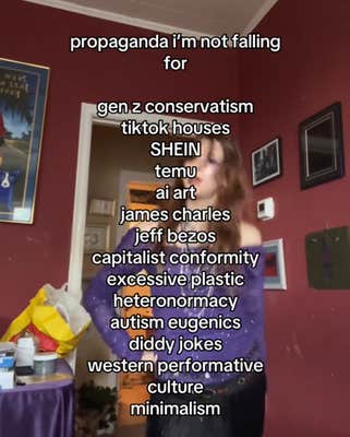 Propaganda I'm not falling for TikTok video with a woman in a purple shirt.