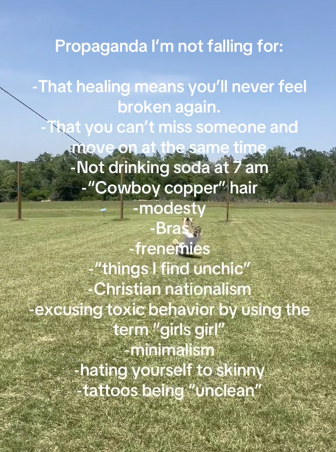 Propaganda I'm not falling for TikTok video with a woman ziplining in a field.