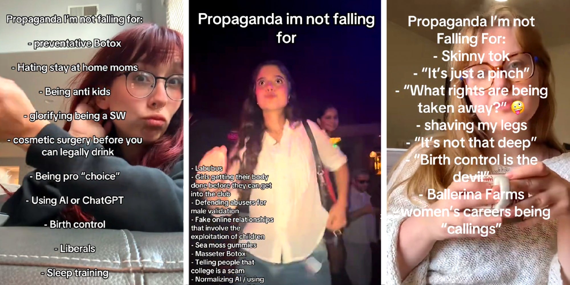 3 panel image showing examples of the current TikTok trend where people list 'propaganda' they are 'not falling for'.