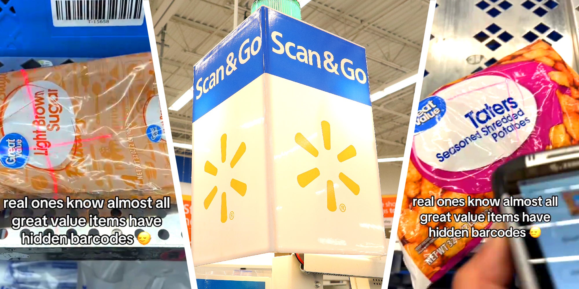 3 panel image showing scenes from a Walmart checkout. Text over: real ones know almost all great value items have hidden barcodes.