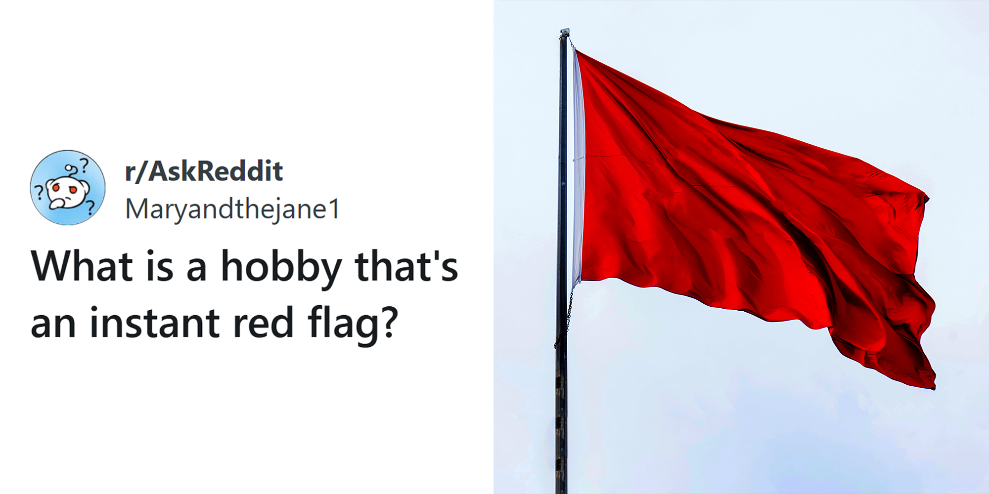 2 panel image. Reddit post that reads: 'What is a hobby that's an instant red flag?' on left. Red flag on right.
