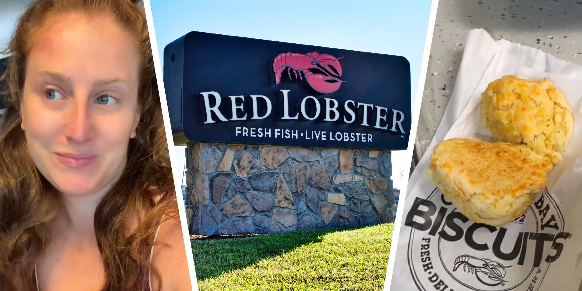 3 panel image of a person, a Red Lobster restaurant sign, and to Red Lobster biscuits.