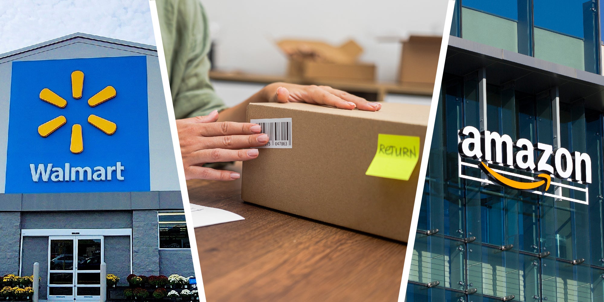 3 panel image showing the walmart sign, a person returning an item, and the amazon sign.