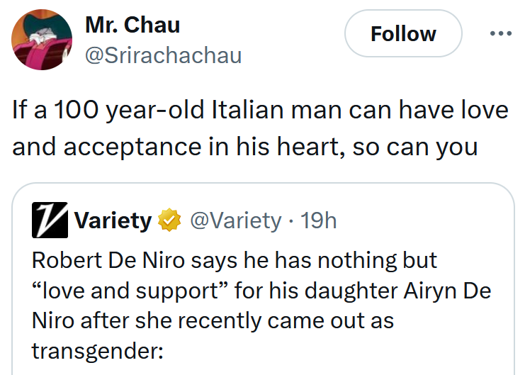 Robert De Niro trans daughter tweet reading 'If a 100 year-old Italian man can have love and acceptance in his heart, so can you'