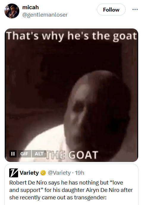 Tweet with a gif of a man shouting 'That's why he's the goat, THE GOAT.'