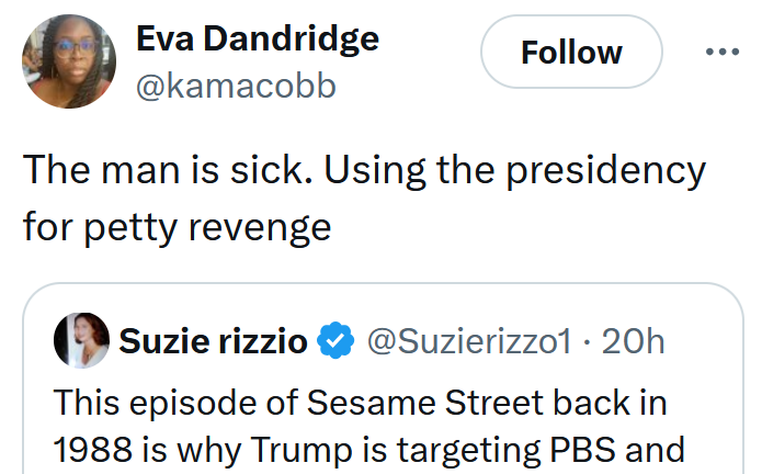 Tweet reading 'The man is sick. Using the presidency for petty revenge'